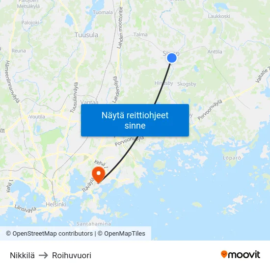 Nikkilä to Roihuvuori map