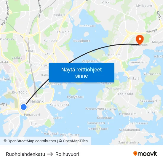 Ruoholahdenkatu to Roihuvuori map