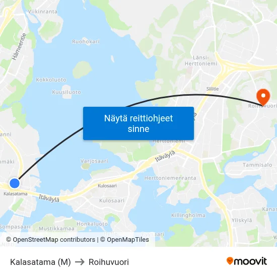 Kalasatama (M) to Roihuvuori map