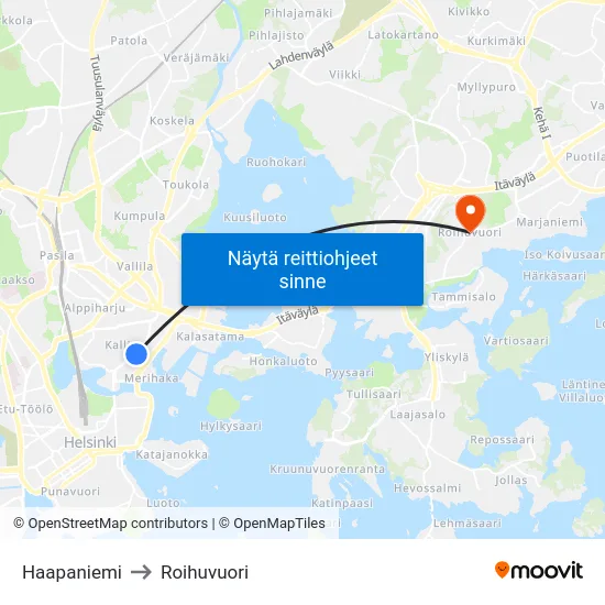 Haapaniemi to Roihuvuori map