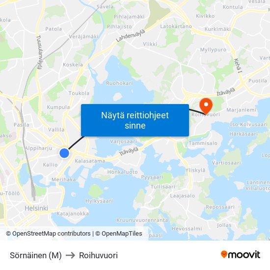 Sörnäinen (M) to Roihuvuori map