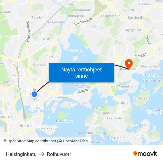 Helsinginkatu to Roihuvuori map
