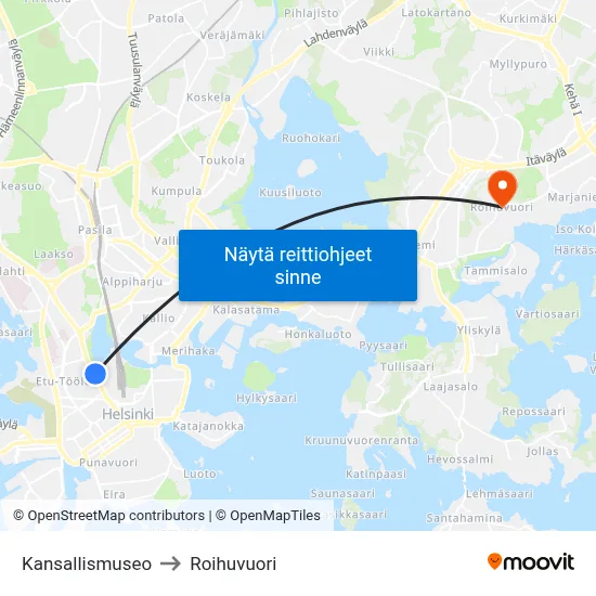 Kansallismuseo to Roihuvuori map