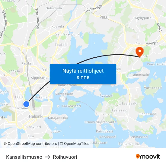 Kansallismuseo to Roihuvuori map