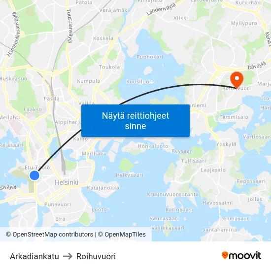 Arkadiankatu to Roihuvuori map