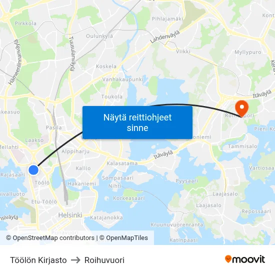 Töölön Kirjasto to Roihuvuori map
