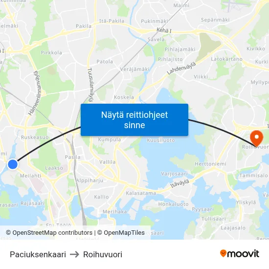 Paciuksenkaari to Roihuvuori map