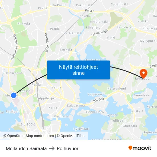 Meilahden Sairaala to Roihuvuori map