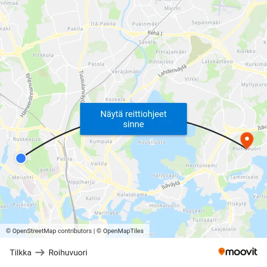 Tilkka to Roihuvuori map