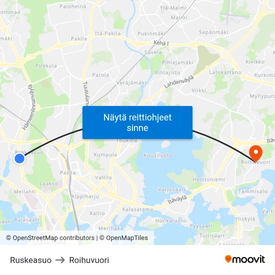 Ruskeasuo to Roihuvuori map