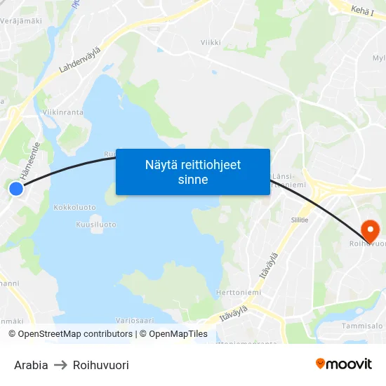 Arabia to Roihuvuori map
