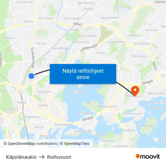 Käpylänaukio to Roihuvuori map