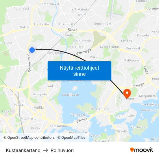 Kustaankartano to Roihuvuori map