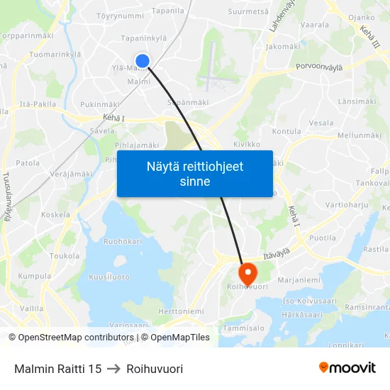 Malmin Raitti 15 to Roihuvuori map