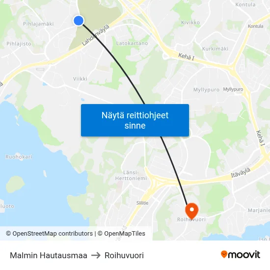 Malmin Hautausmaa to Roihuvuori map