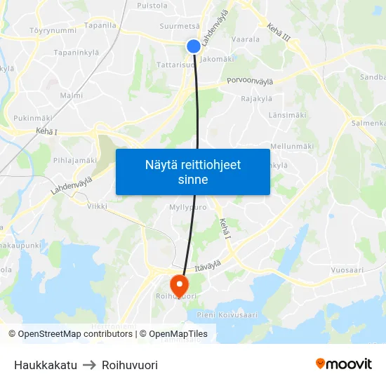 Haukkakatu to Roihuvuori map