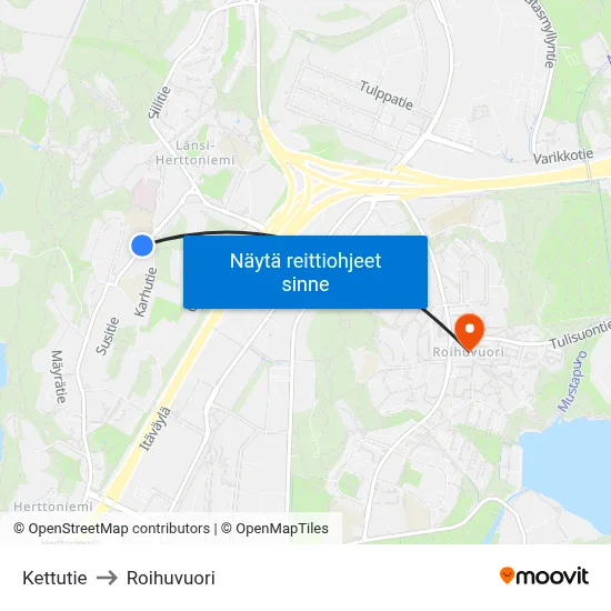 Kettutie to Roihuvuori map