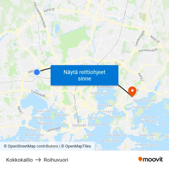 Kokkokallio to Roihuvuori map