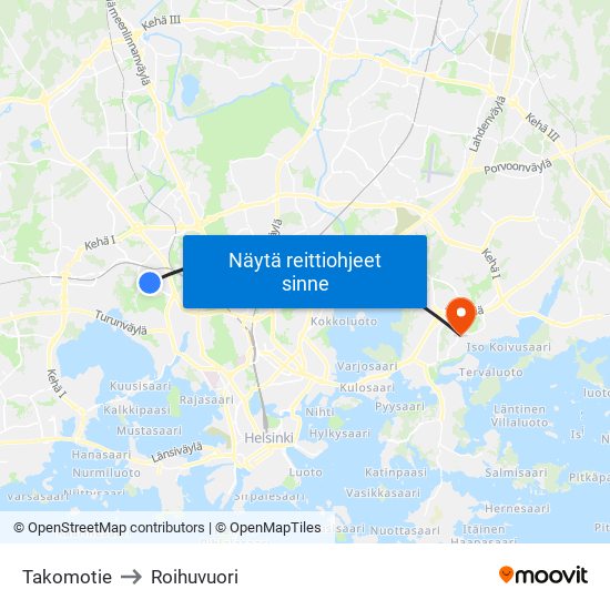 Takomotie to Roihuvuori map