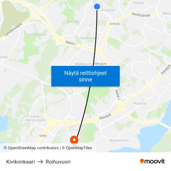 Kivikonkaari to Roihuvuori map