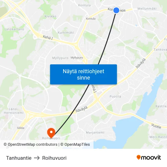Tanhuantie to Roihuvuori map