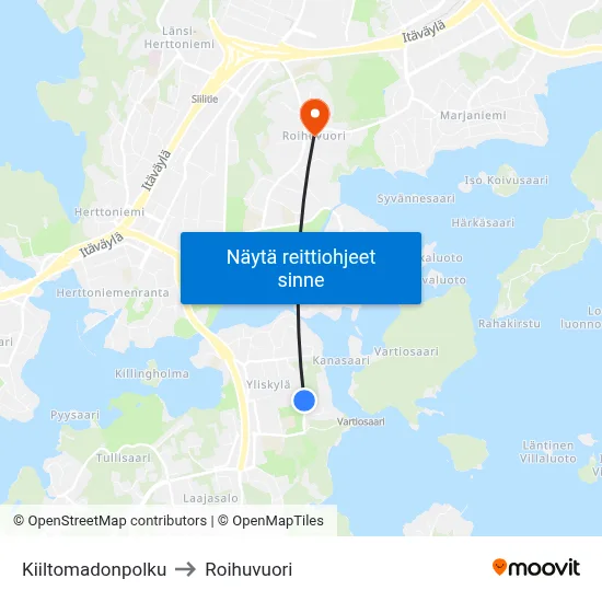 Kiiltomadonpolku to Roihuvuori map