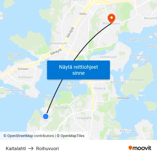 Kaitalahti to Roihuvuori map