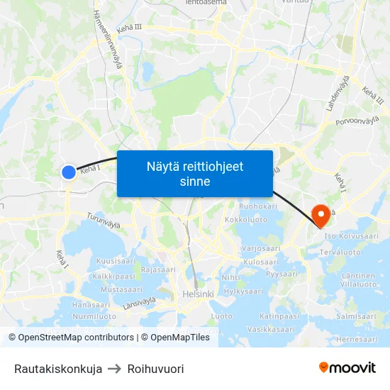 Rautakiskonkuja to Roihuvuori map
