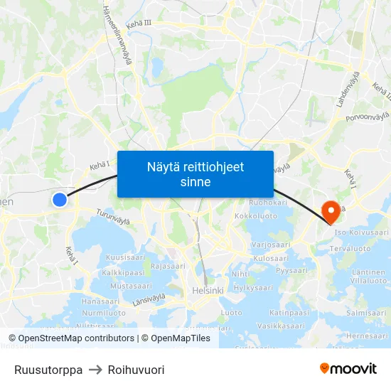 Ruusutorppa to Roihuvuori map