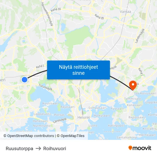 Ruusutorppa to Roihuvuori map