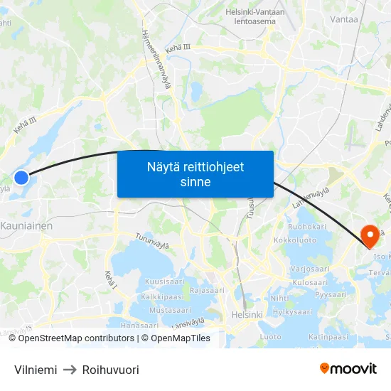 Vilniemi to Roihuvuori map