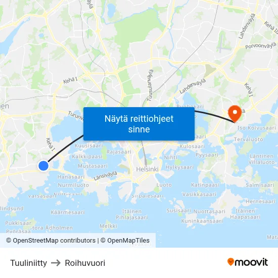 Tuuliniitty to Roihuvuori map