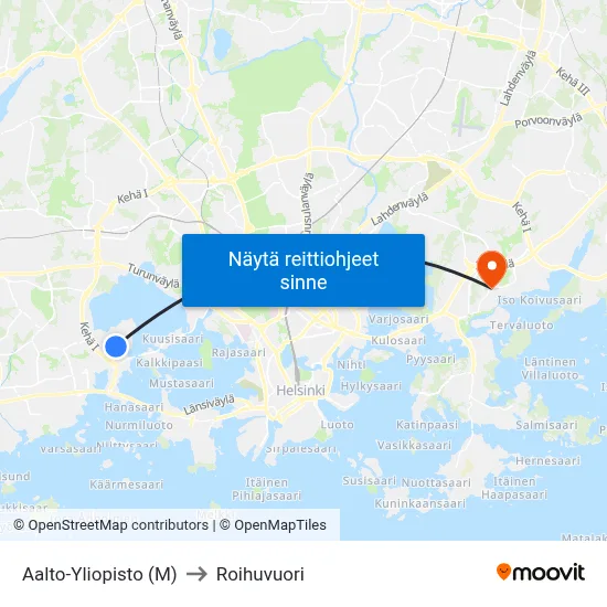 Aalto-Yliopisto (M) to Roihuvuori map
