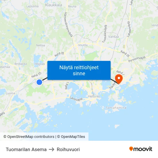 Tuomarilan Asema to Roihuvuori map