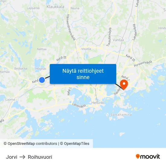 Jorvi to Roihuvuori map