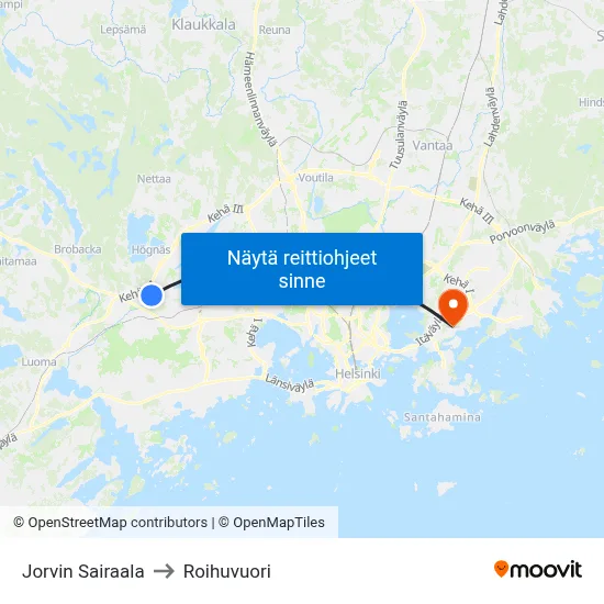 Jorvin Sairaala to Roihuvuori map