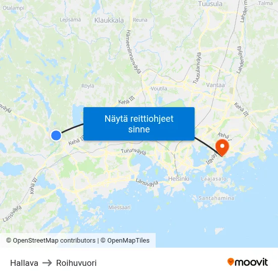 Hallava to Roihuvuori map