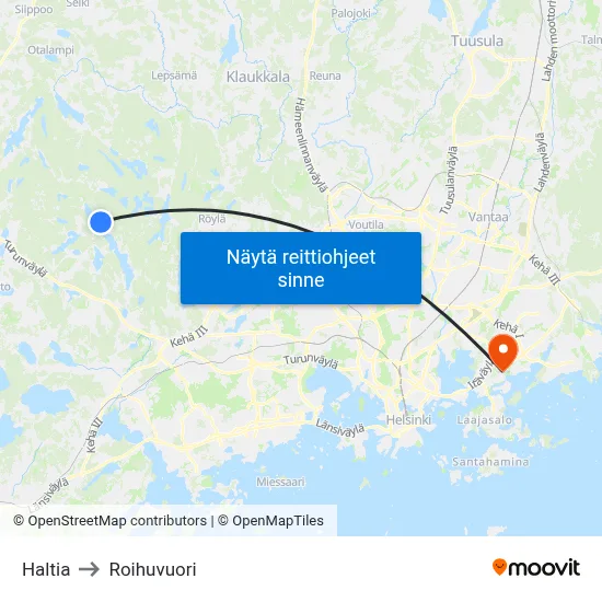 Haltia to Roihuvuori map
