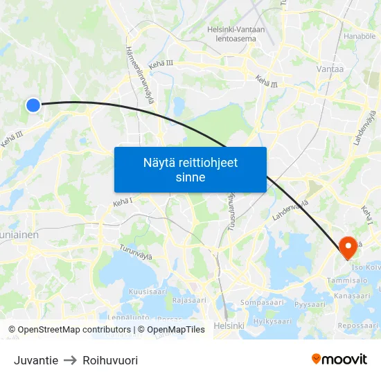 Juvantie to Roihuvuori map