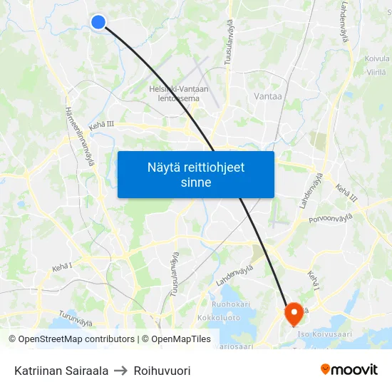 Katriinan Sairaala to Roihuvuori map