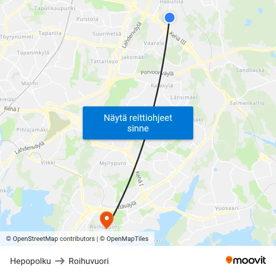 Hepopolku to Roihuvuori map
