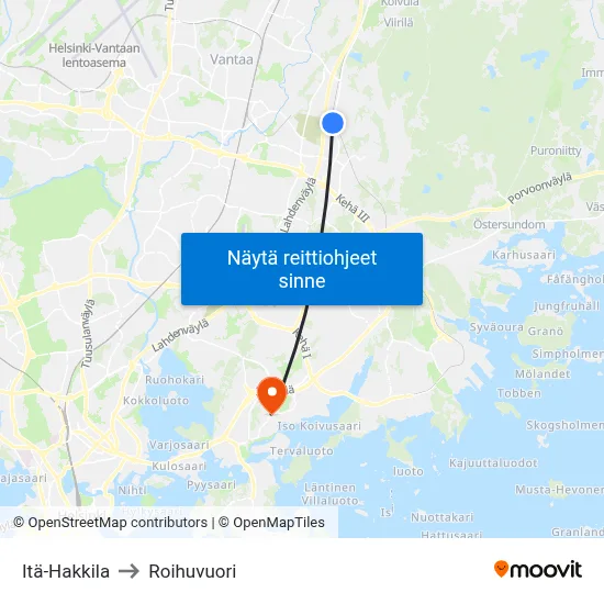 Itä-Hakkila to Roihuvuori map