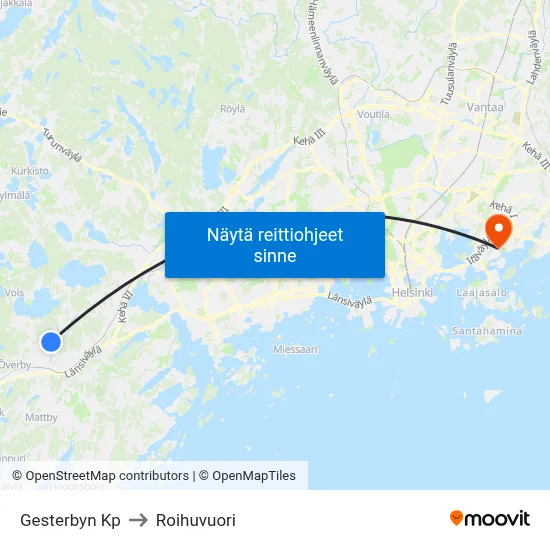 Gesterbyn Kp to Roihuvuori map