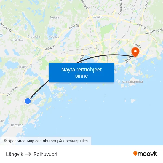 Långvik to Roihuvuori map