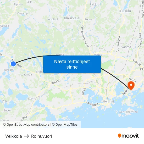 Veikkola to Roihuvuori map