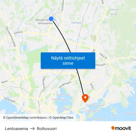 Lentoasema to Roihuvuori map