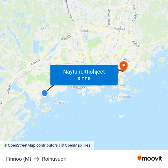 Finnoo (M) to Roihuvuori map