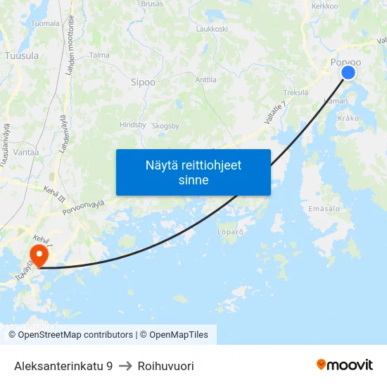 Aleksanterinkatu 9 to Roihuvuori map