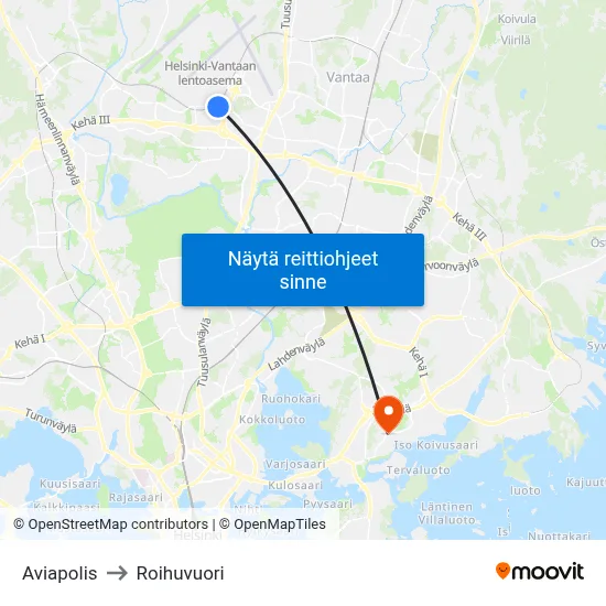 Aviapolis to Roihuvuori map
