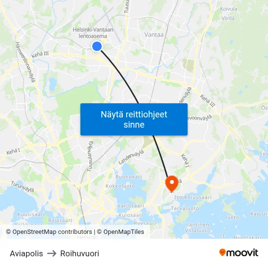 Aviapolis to Roihuvuori map